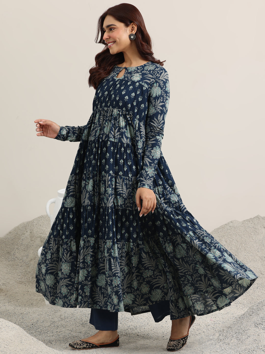 Blue Printed Cotton Anarkali Suit With Dupatta