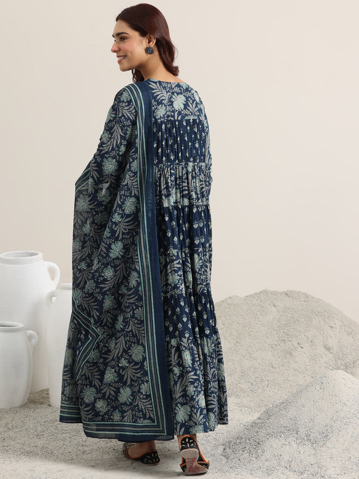 Blue Printed Cotton Anarkali Suit With Dupatta