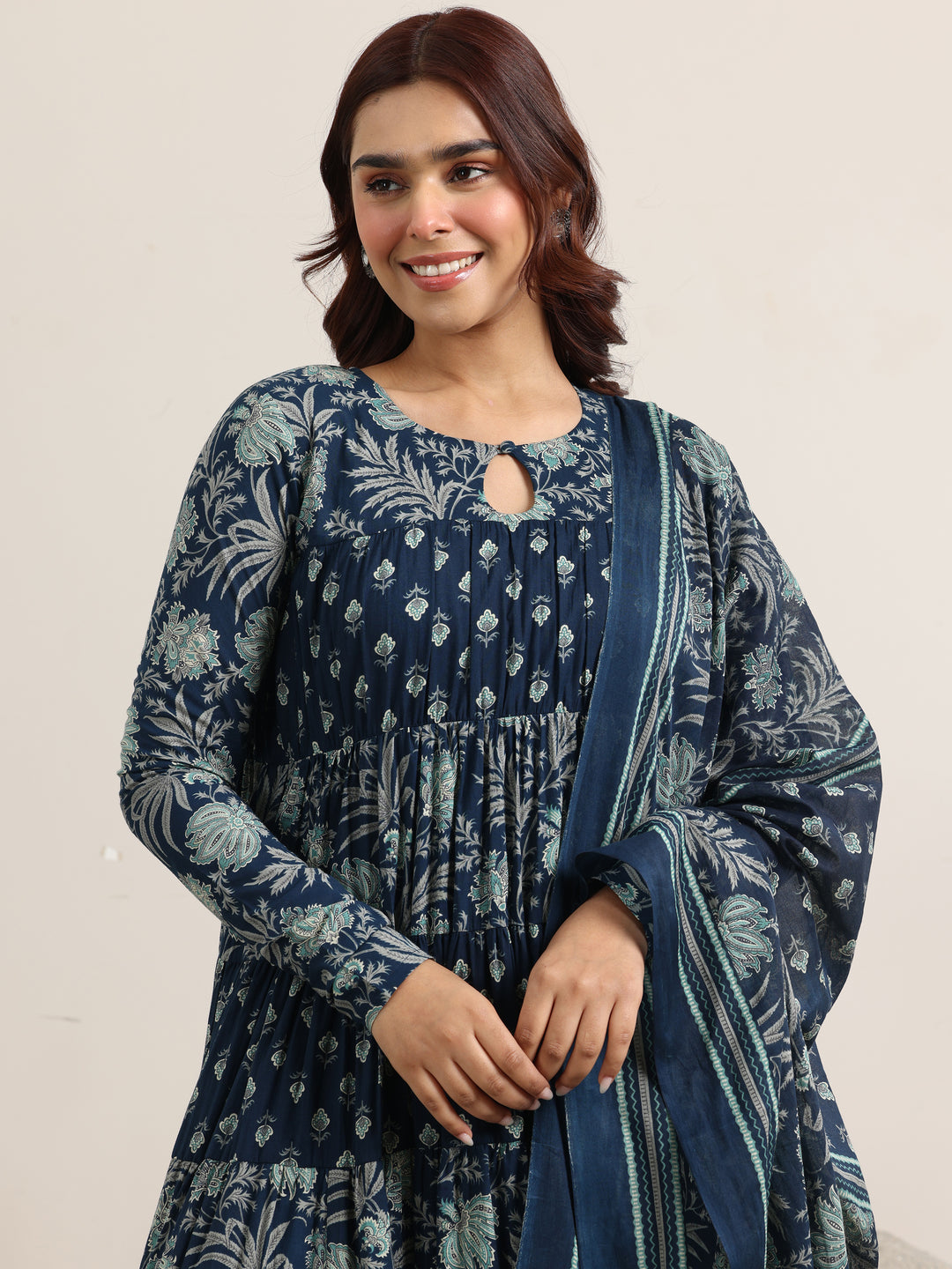 Blue Printed Cotton Anarkali Suit With Dupatta