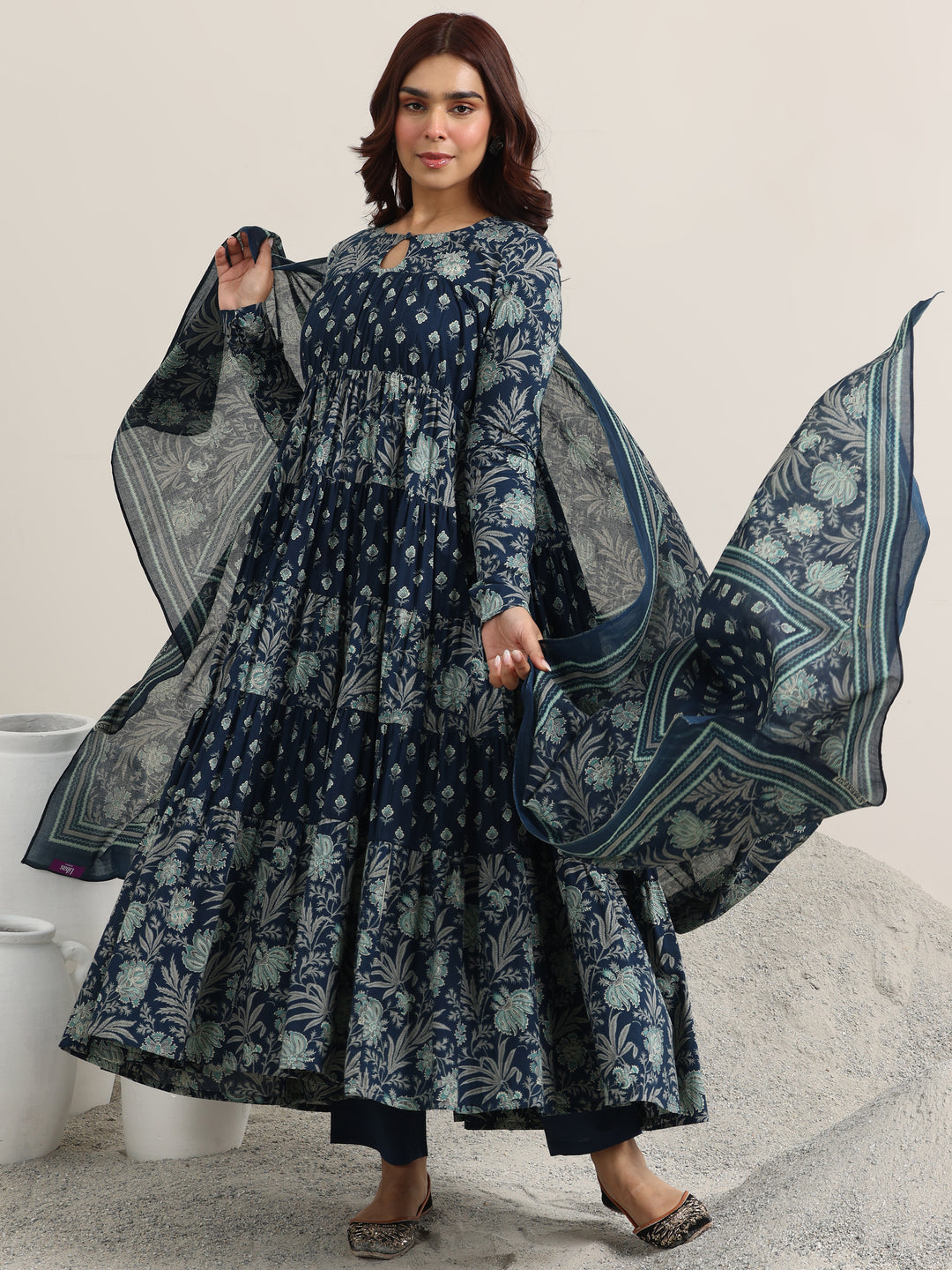 Blue Printed Cotton Anarkali Suit With Dupatta