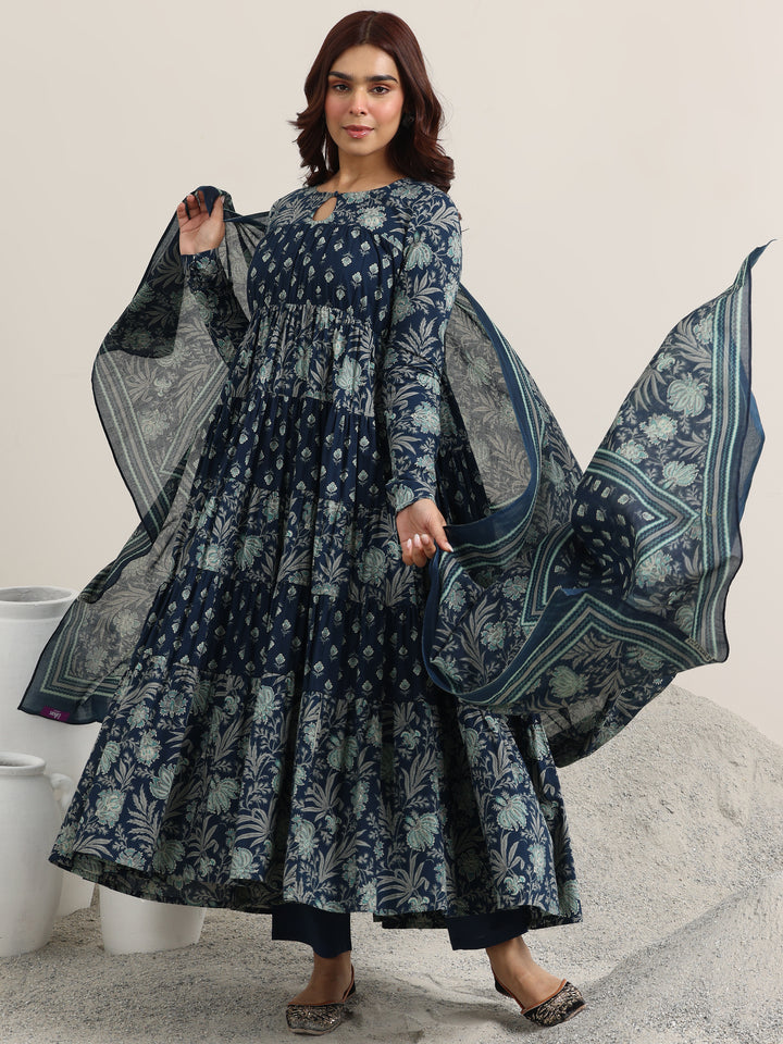 Blue Printed Cotton Anarkali Suit With Dupatta