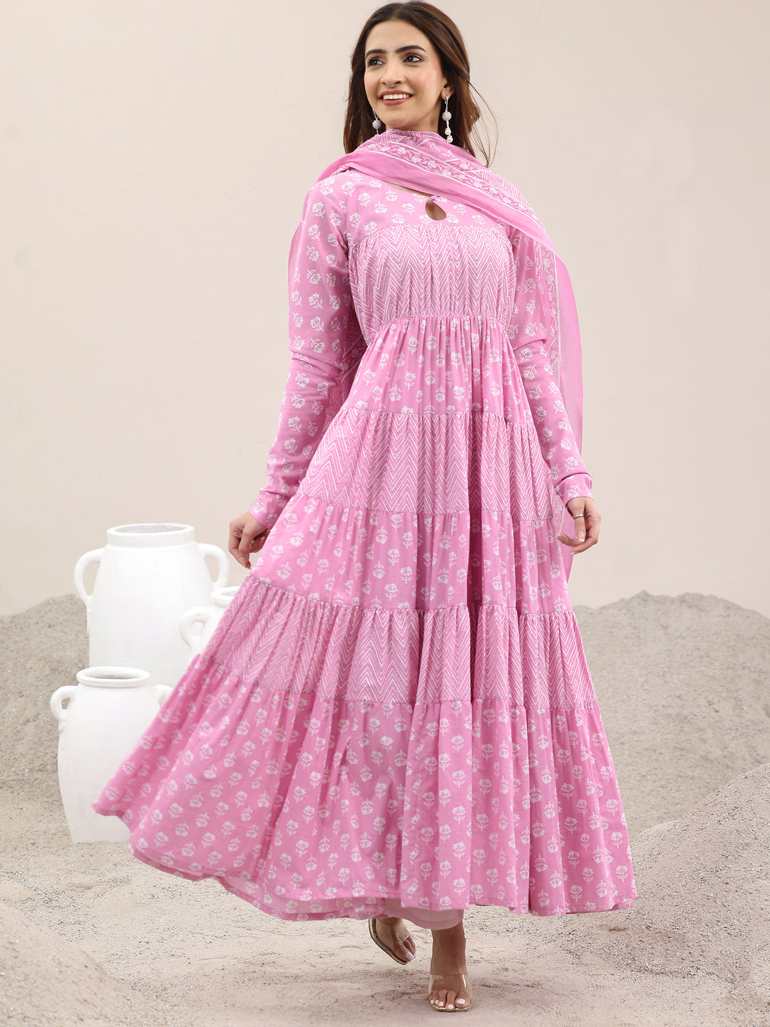 Pink Printed Cotton Anarkali Suit With Dupatta