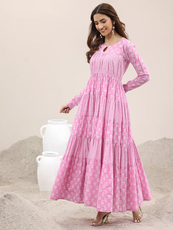 Pink Printed Cotton Anarkali Suit With Dupatta