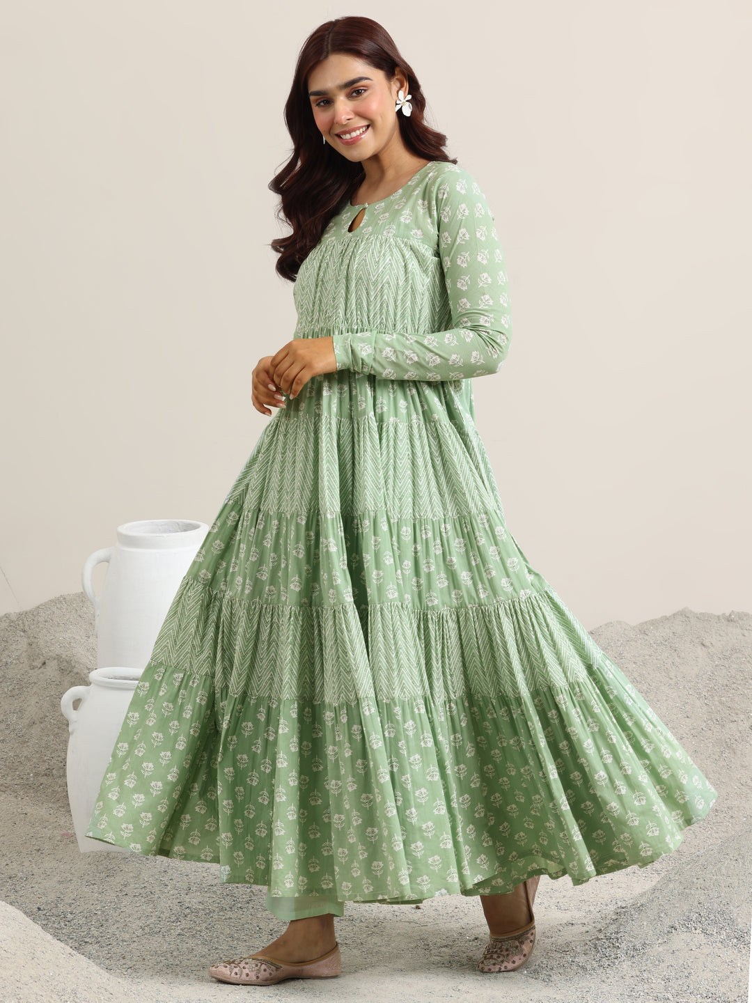 Green Printed Cotton Anarkali Suit With Dupatta