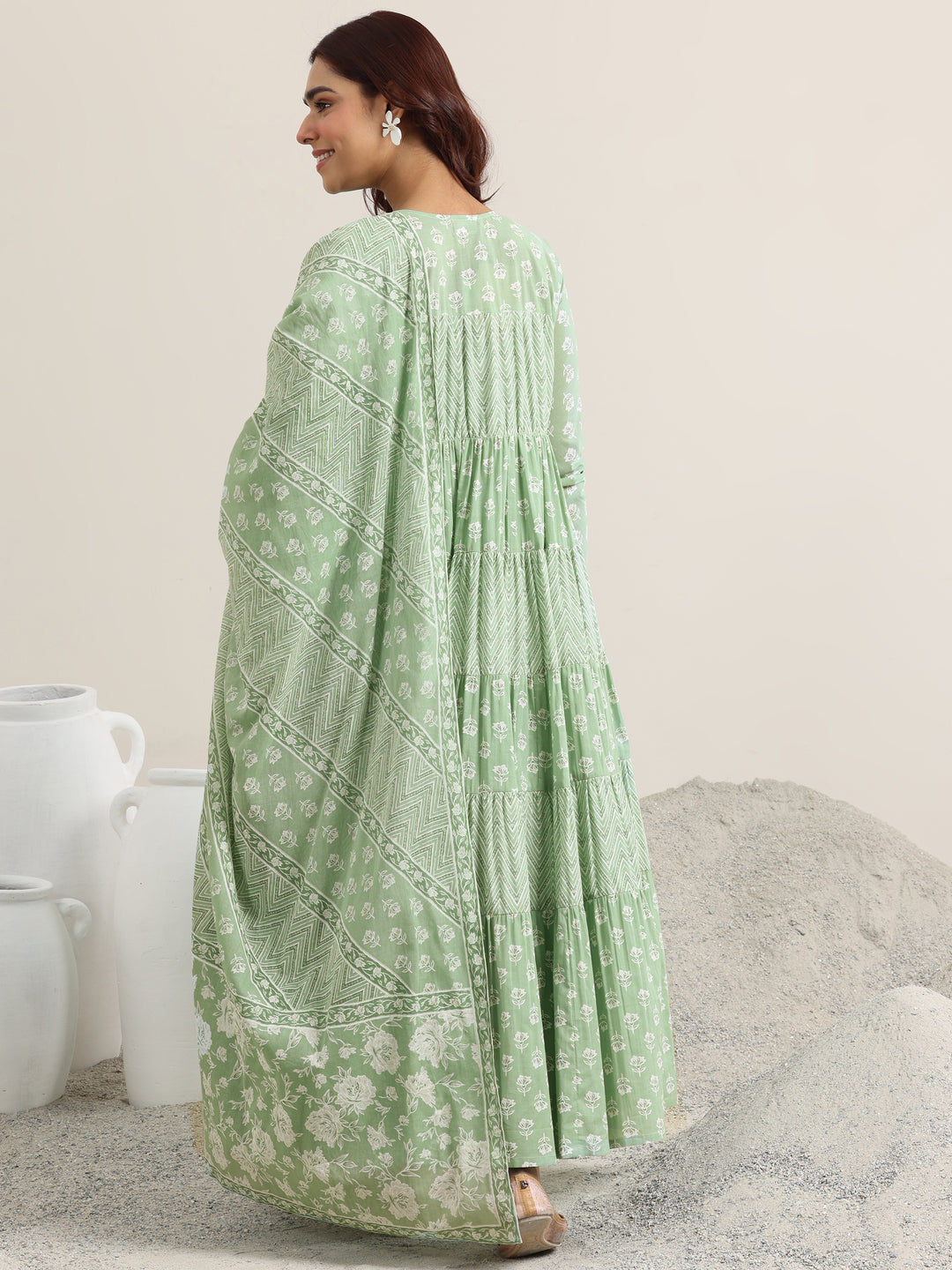 Green Printed Cotton Anarkali Suit With Dupatta