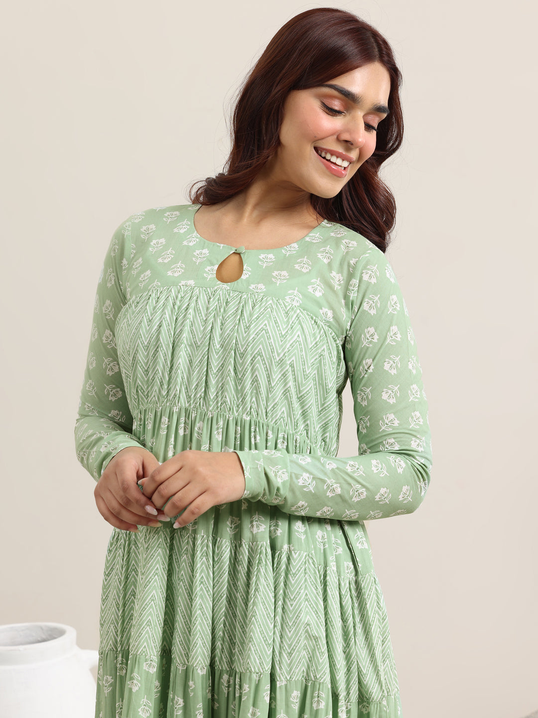 Green Printed Cotton Anarkali Suit With Dupatta