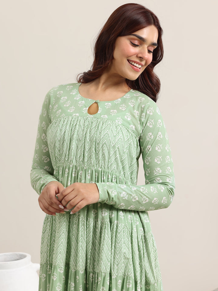 Green Printed Cotton Anarkali Suit With Dupatta