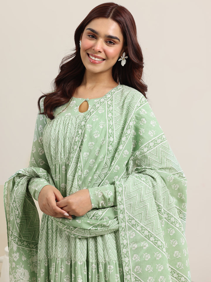 Green Printed Cotton Anarkali Suit With Dupatta