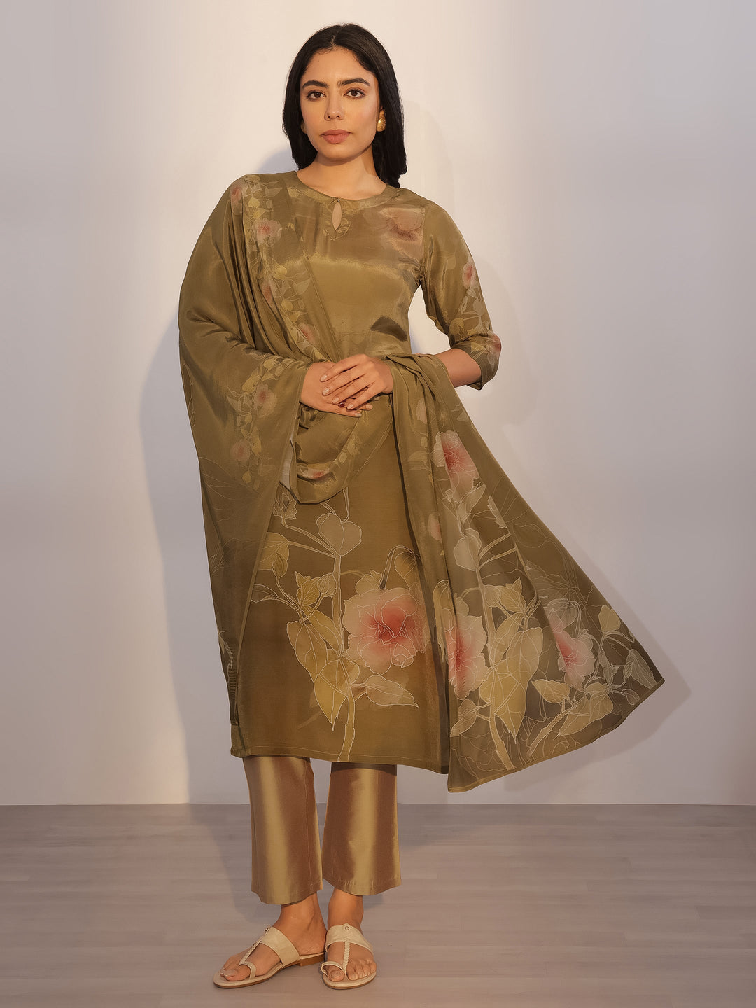 Olive Printed Silk Blend Straight Suit With Dupatta