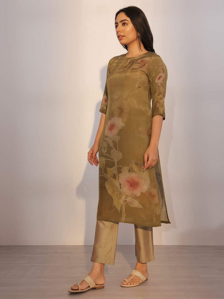 Olive Printed Silk Blend Straight Suit With Dupatta
