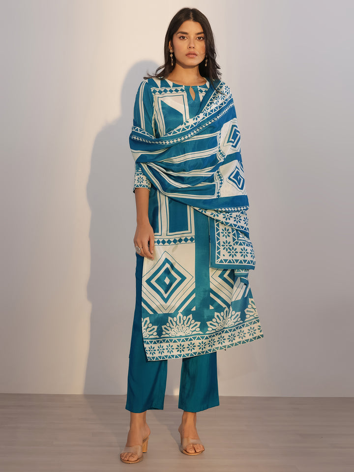 Teal Printed Silk Blend Straight Suit With Dupatta