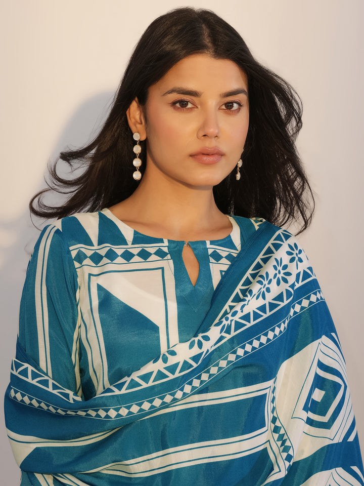 Teal Printed Silk Blend Straight Suit With Dupatta