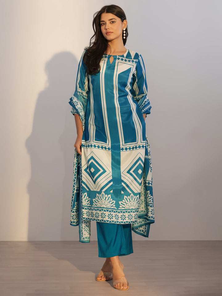 Teal Printed Silk Blend Straight Suit With Dupatta