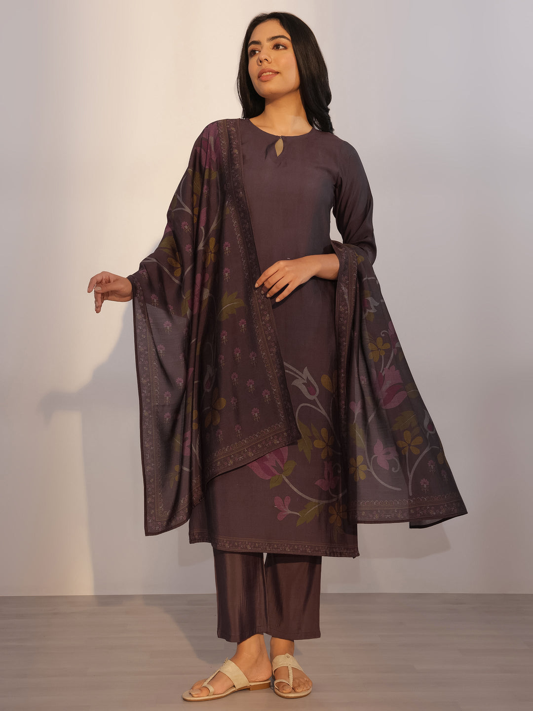 Grey Printed Silk Blend Straight Suit With Dupatta
