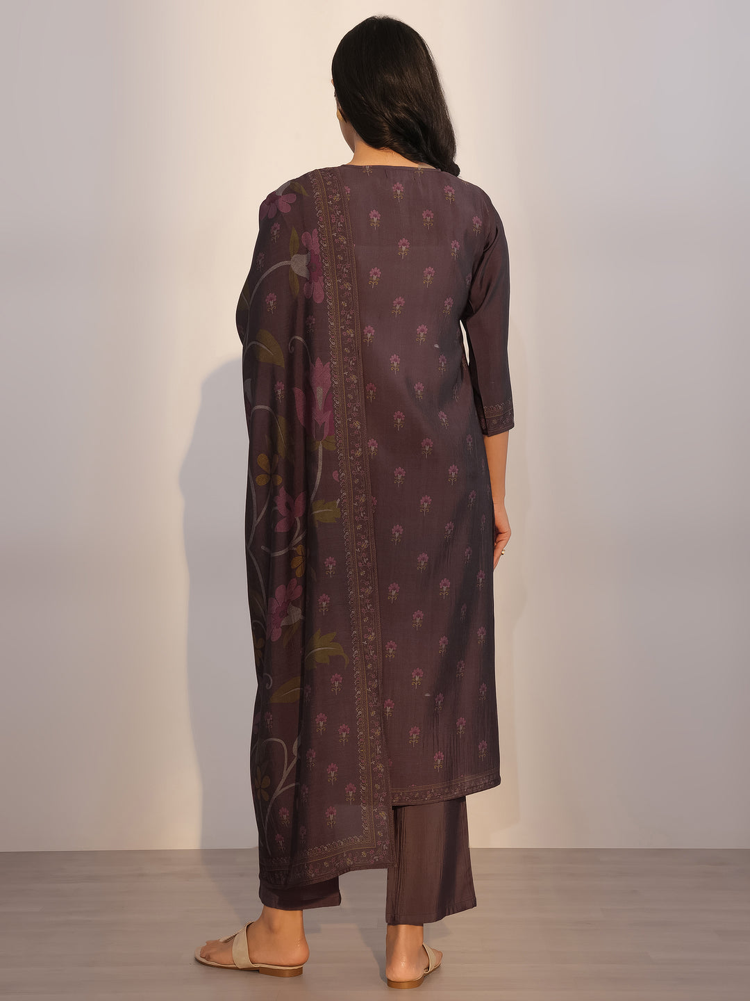 Grey Printed Silk Blend Straight Suit With Dupatta