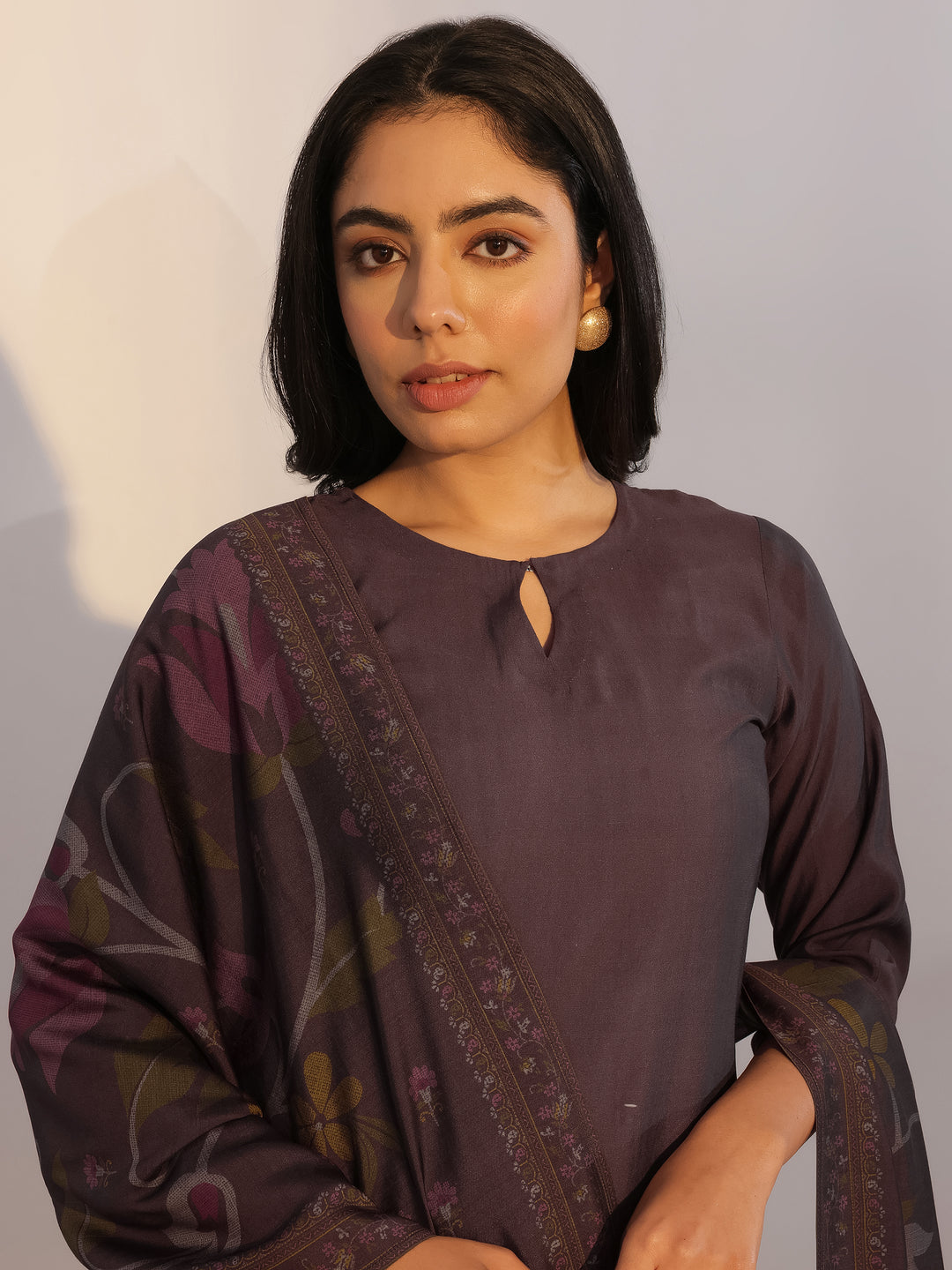 Grey Printed Silk Blend Straight Suit With Dupatta