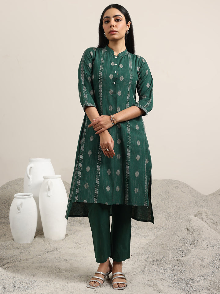 Green Woven Design Cotton Blend Straight Kurta Set