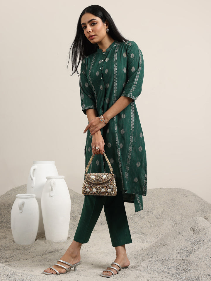 Green Woven Design Cotton Blend Straight Kurta Set