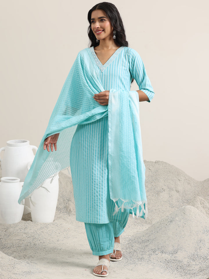 Blue Woven Design Cotton Straight Suit With Dupatta