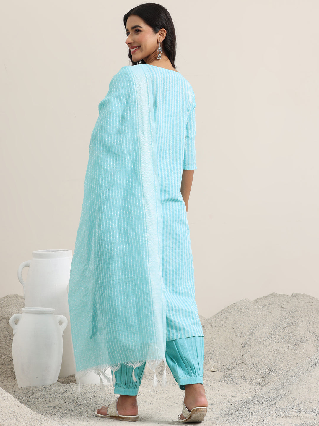 Blue Woven Design Cotton Straight Suit With Dupatta