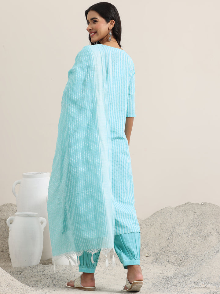 Blue Woven Design Cotton Straight Suit With Dupatta