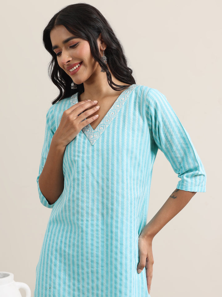 Blue Woven Design Cotton Straight Suit With Dupatta