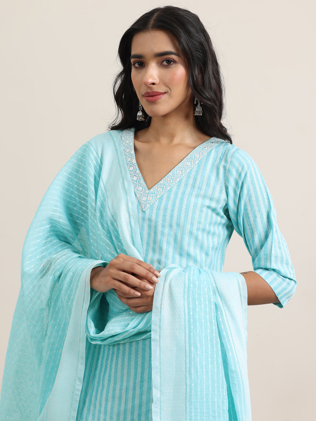 Blue Woven Design Cotton Straight Suit With Dupatta