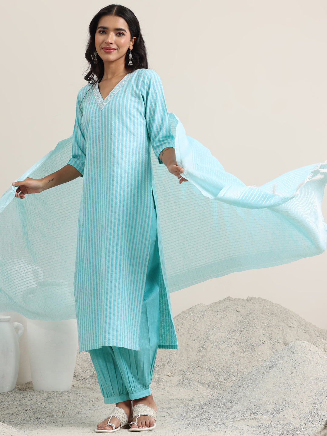 Blue Woven Design Cotton Straight Suit With Dupatta