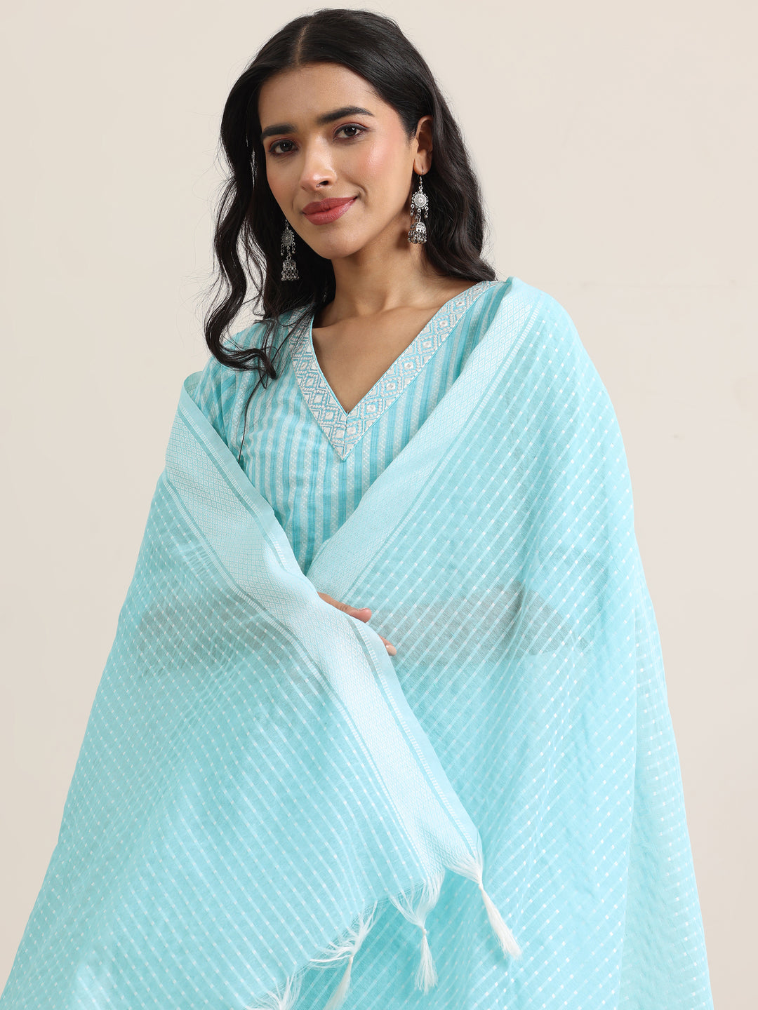 Blue Woven Design Cotton Straight Suit With Dupatta