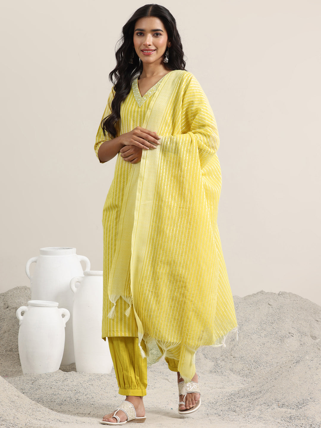 Yellow Woven Design Cotton Straight Suit With Dupatta