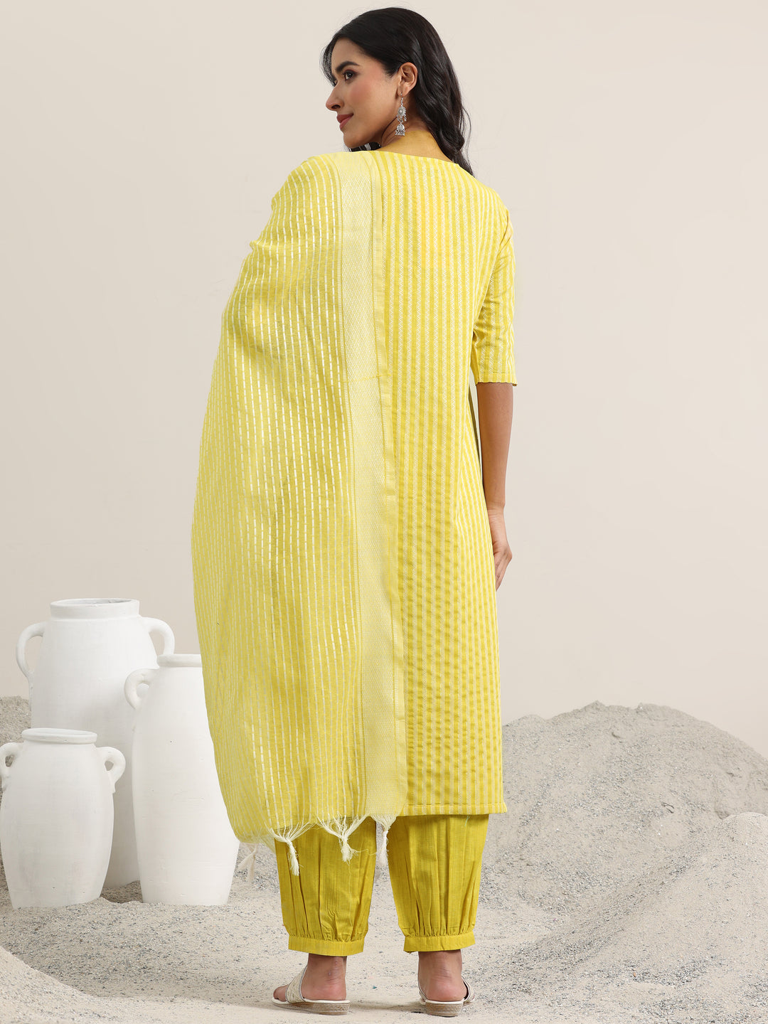 Yellow Woven Design Cotton Straight Suit With Dupatta
