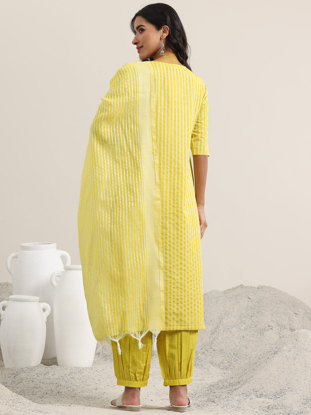 Yellow Woven Design Cotton Straight Suit With Dupatta