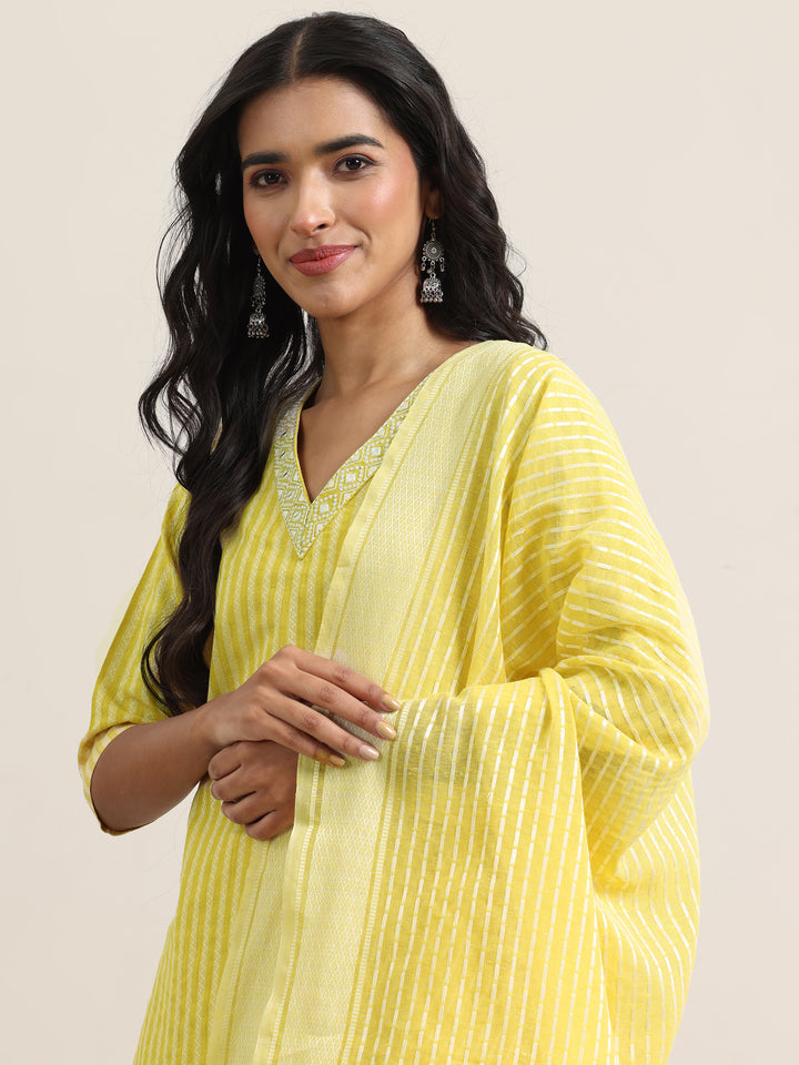 Yellow Woven Design Cotton Straight Suit With Dupatta