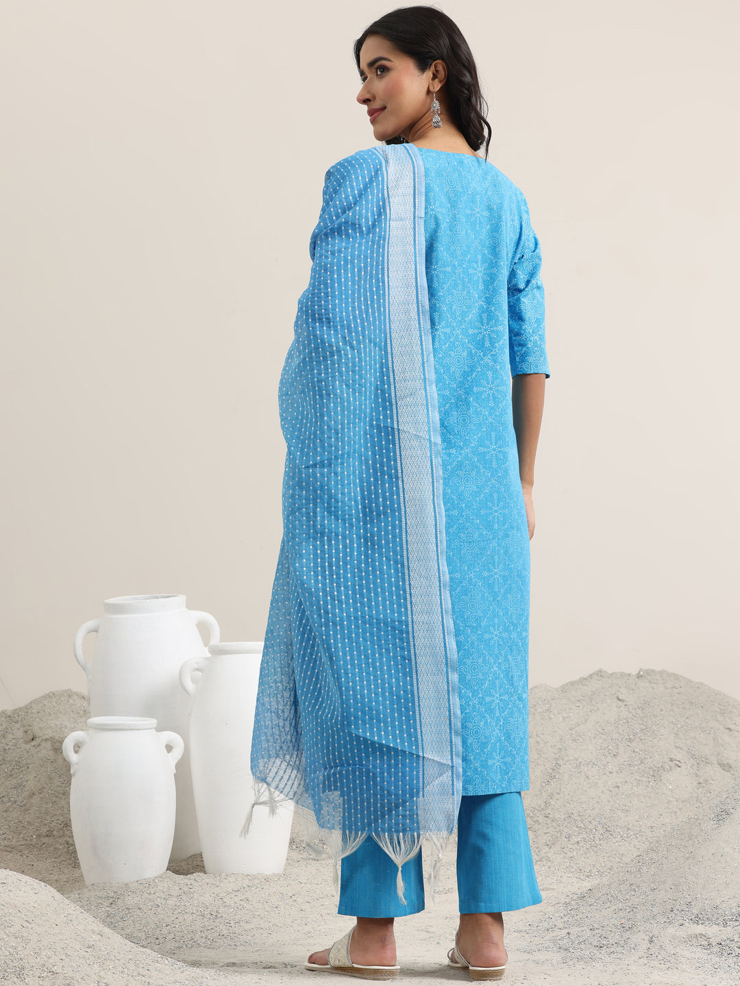 Blue Printed Cotton Straight Suit With Dupatta