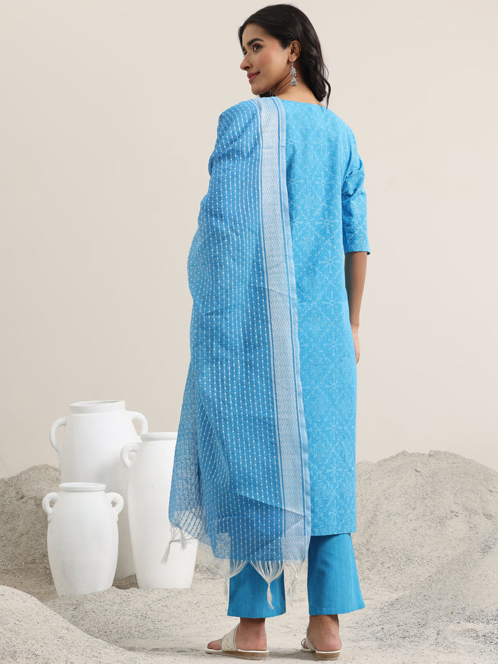 Blue Printed Cotton Straight Suit With Dupatta