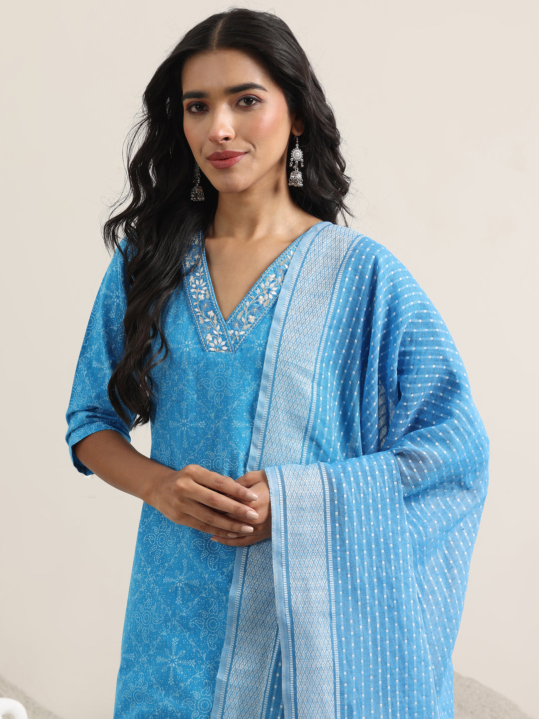 Blue Printed Cotton Straight Suit With Dupatta