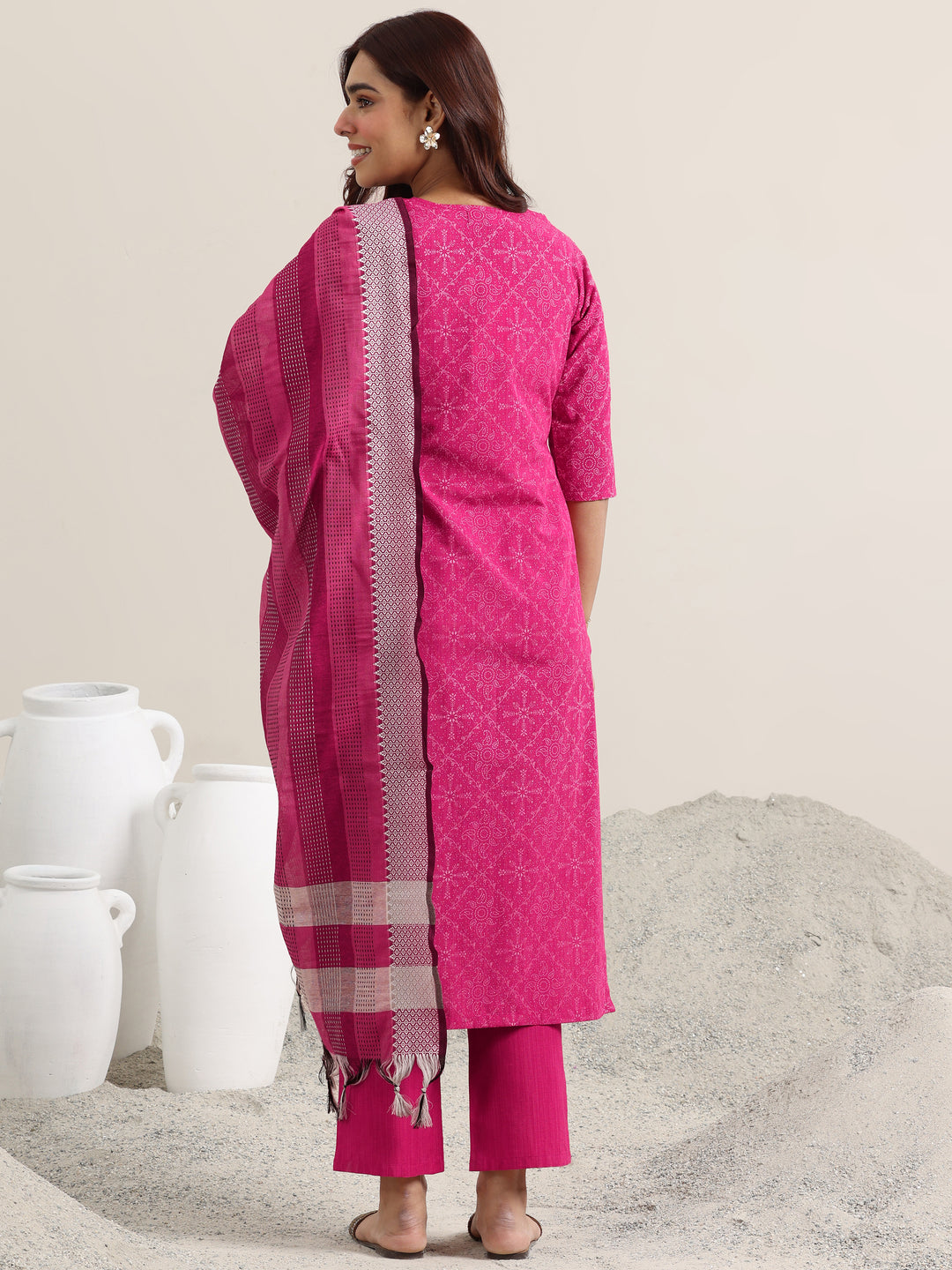 Pink Printed Cotton Straight Suit With Dupatta