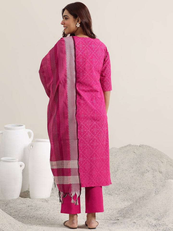 Pink Printed Cotton Straight Suit With Dupatta