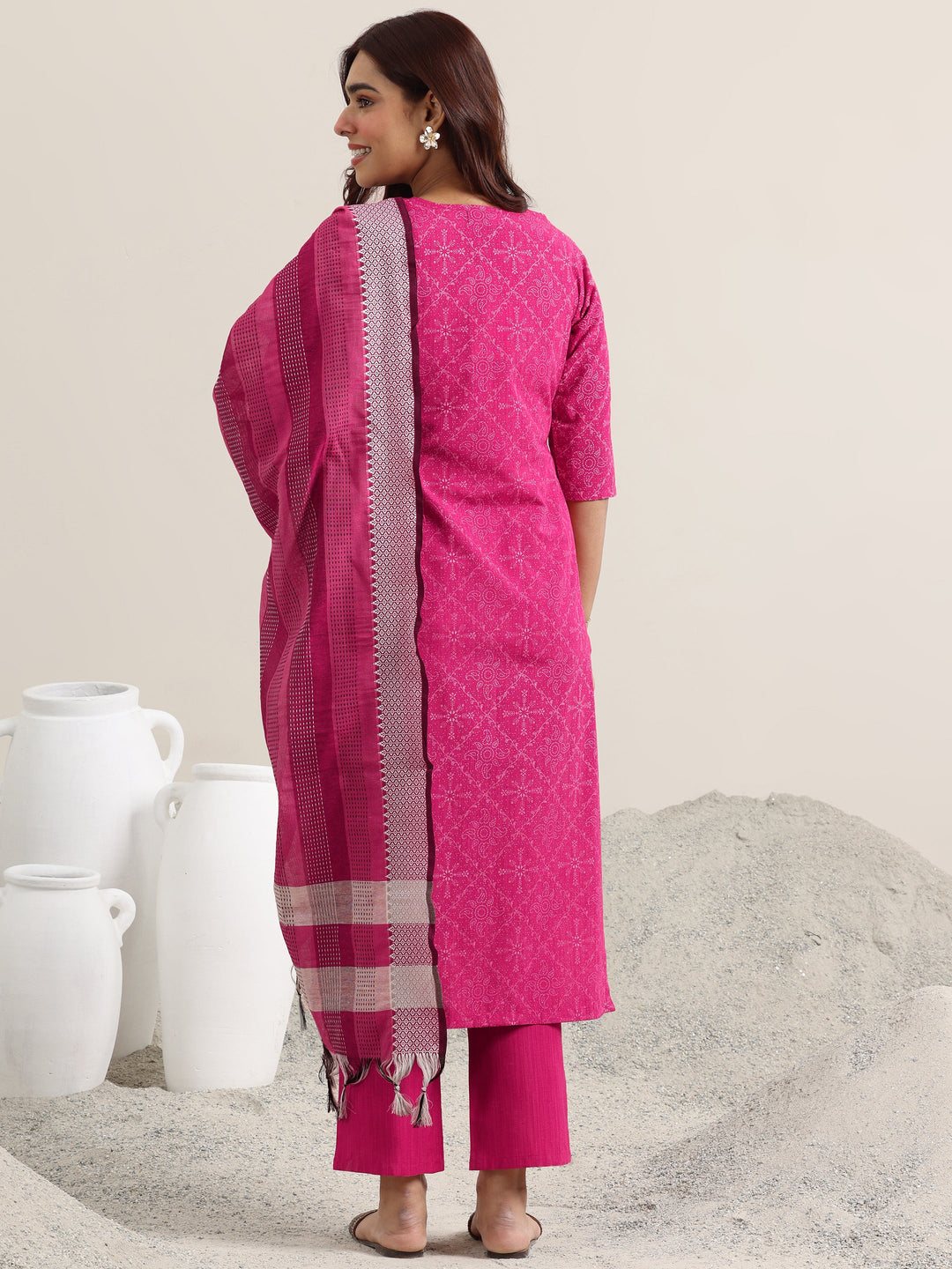 Pink Printed Cotton Straight Suit With Dupatta