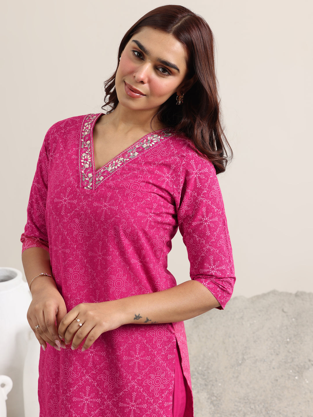 Pink Printed Cotton Straight Suit With Dupatta