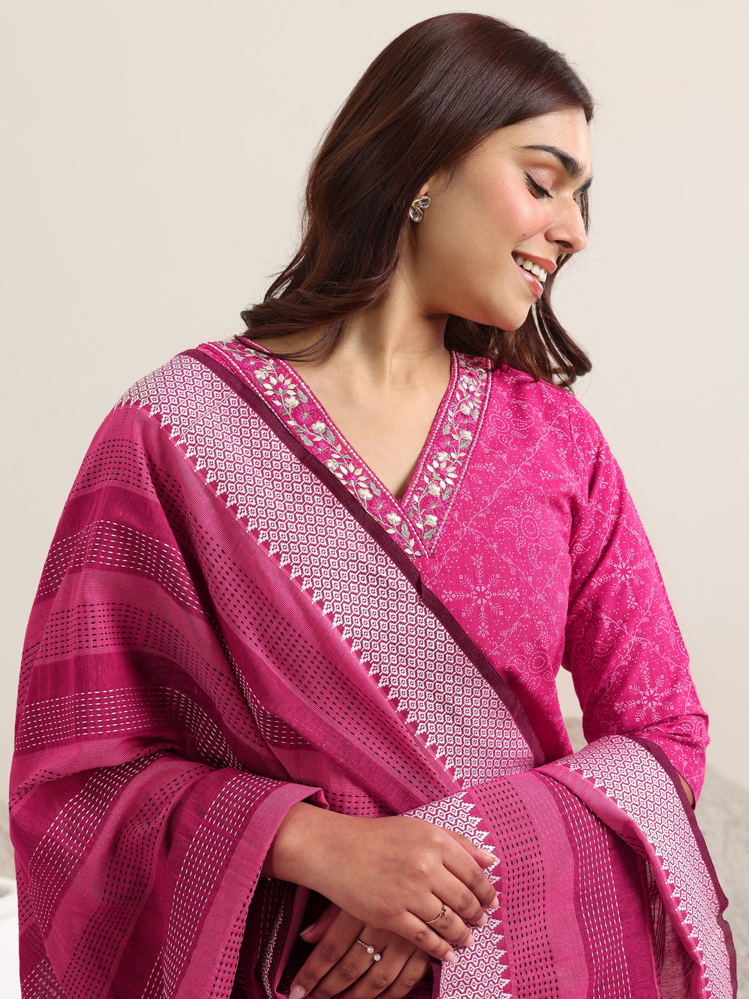 Pink Printed Cotton Straight Suit With Dupatta