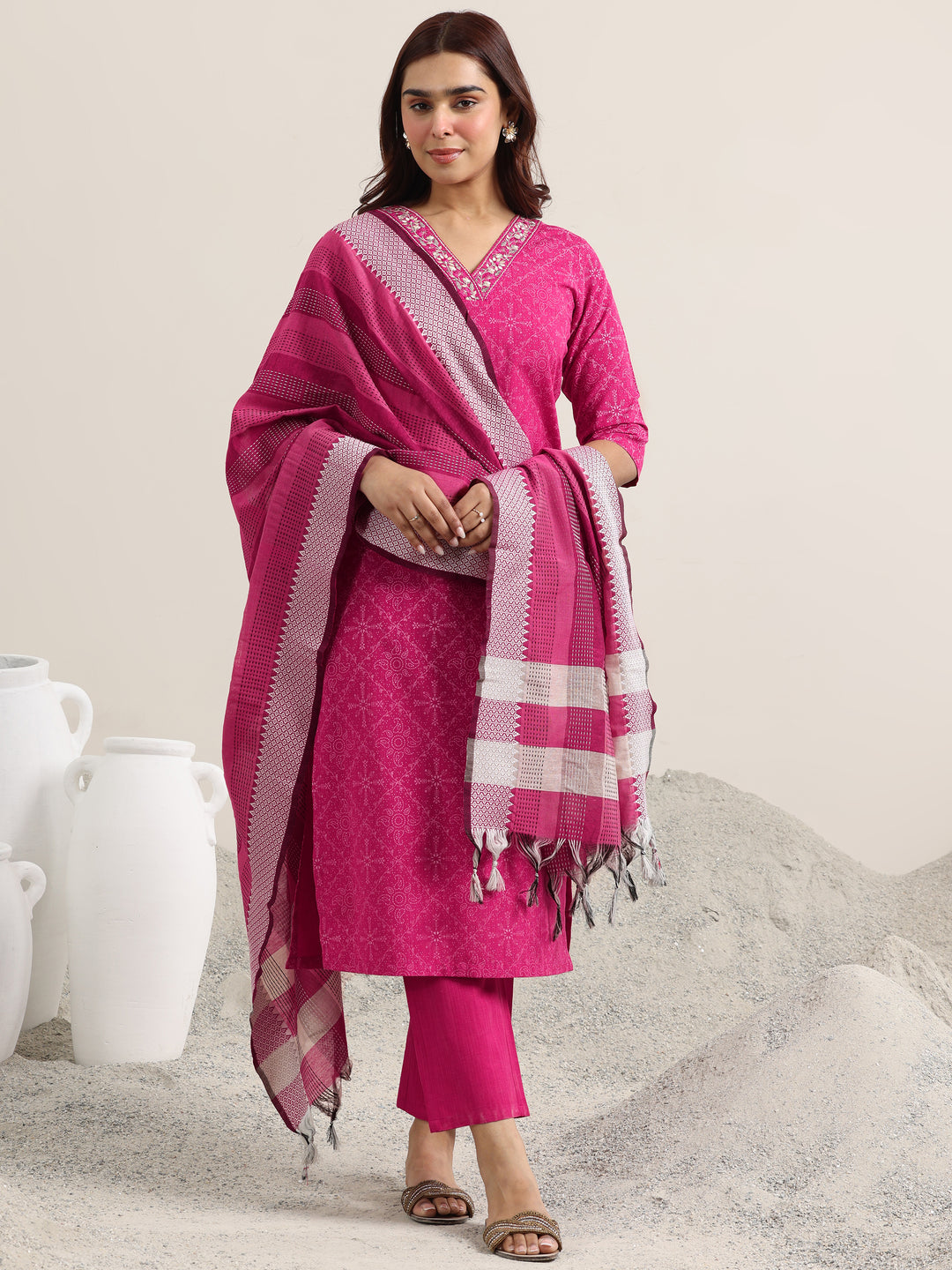 Pink Printed Cotton Straight Suit With Dupatta