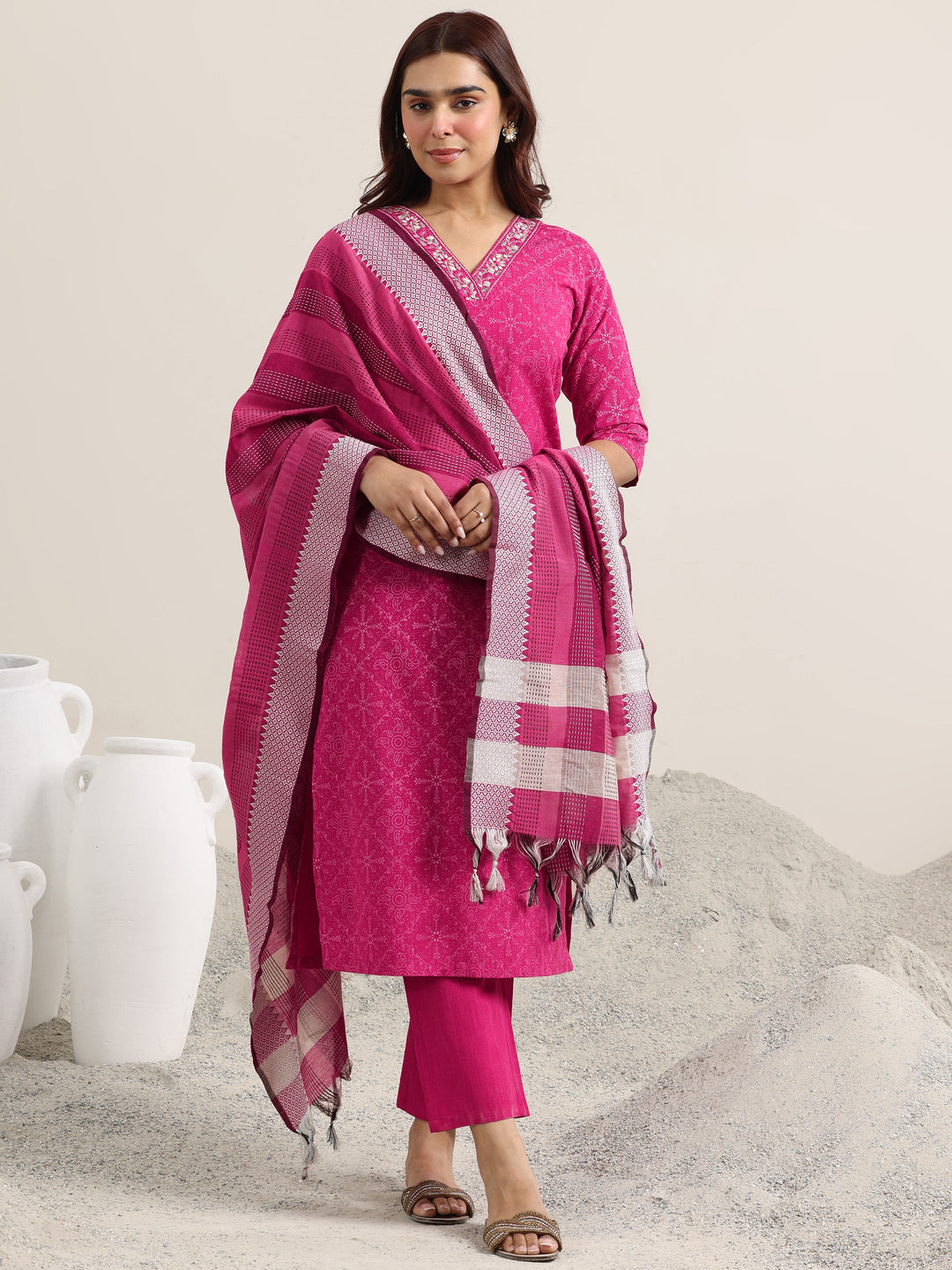 Pink Printed Cotton Straight Suit With Dupatta