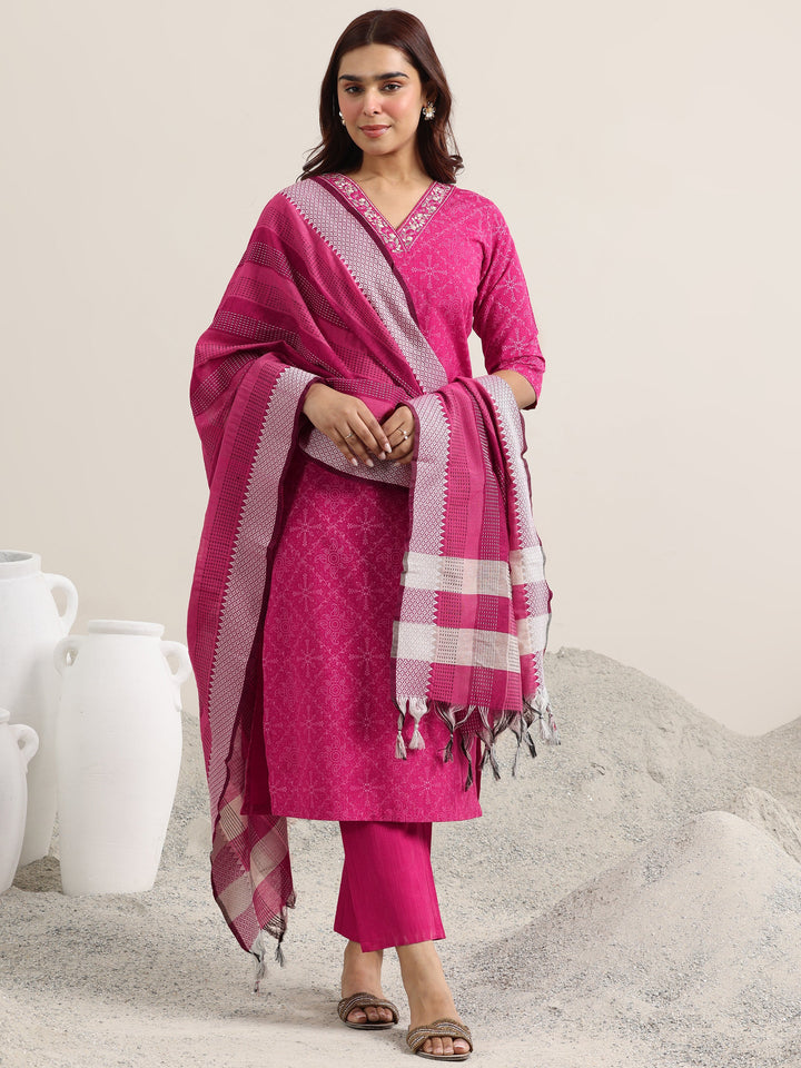 Pink Printed Cotton Straight Suit With Dupatta