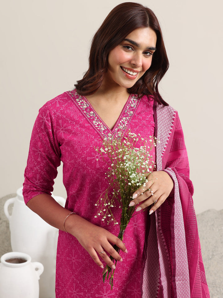 Pink Printed Cotton Straight Suit With Dupatta