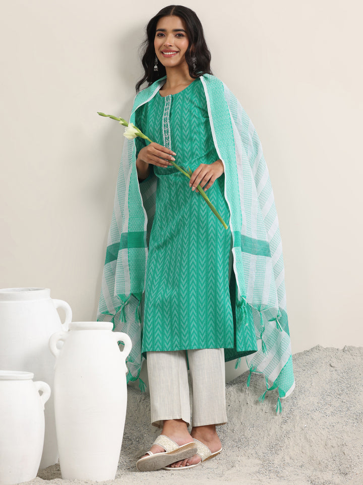 Teal Woven Design Cotton Straight Suit With Dupatta