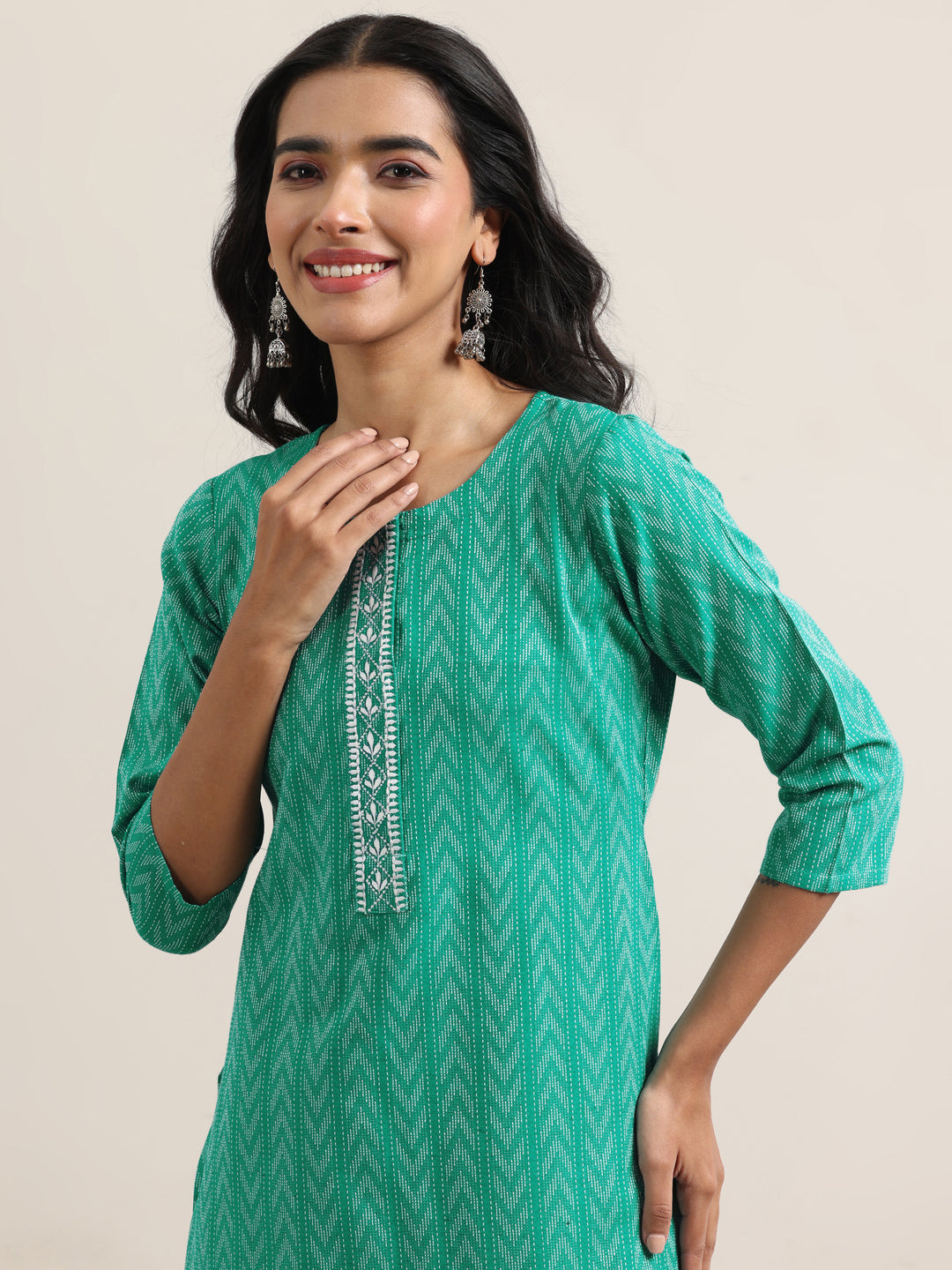 Teal Woven Design Cotton Straight Suit With Dupatta