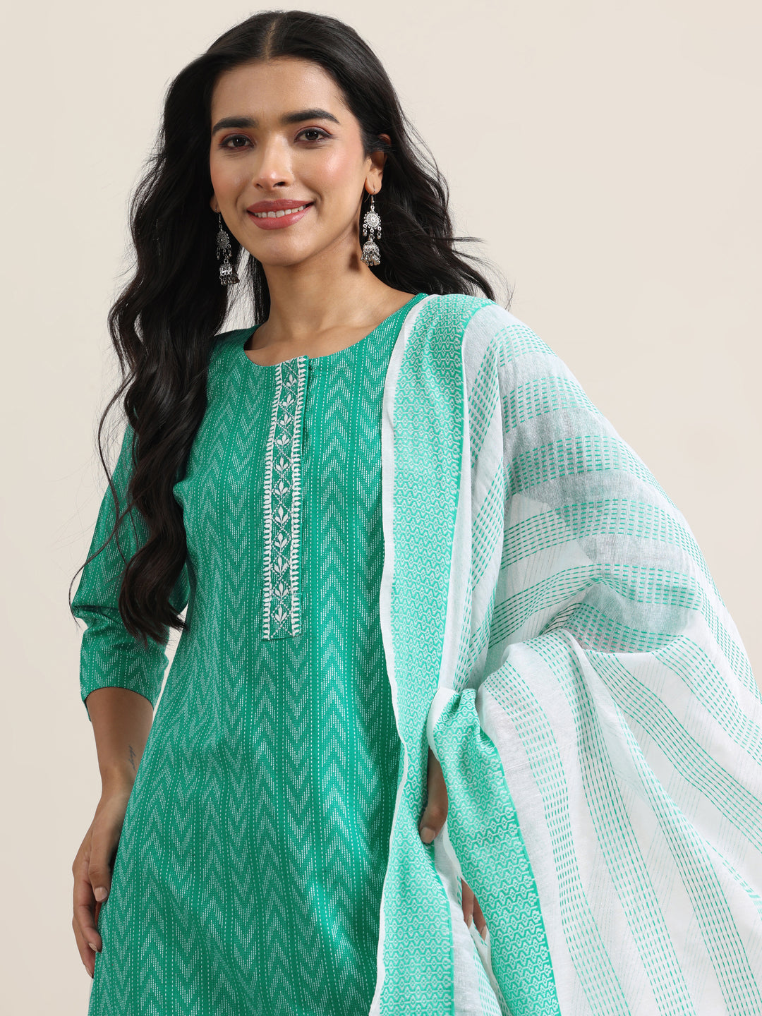 Teal Woven Design Cotton Straight Suit With Dupatta