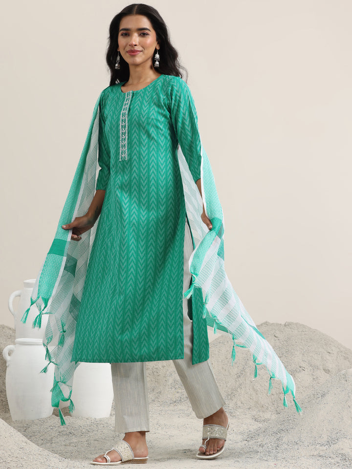 Teal Woven Design Cotton Straight Suit With Dupatta