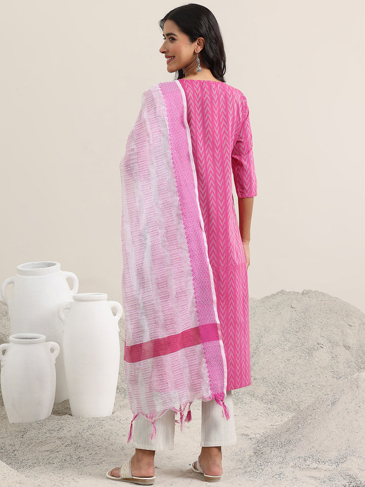 Pink Woven Design Cotton Straight Suit With Dupatta